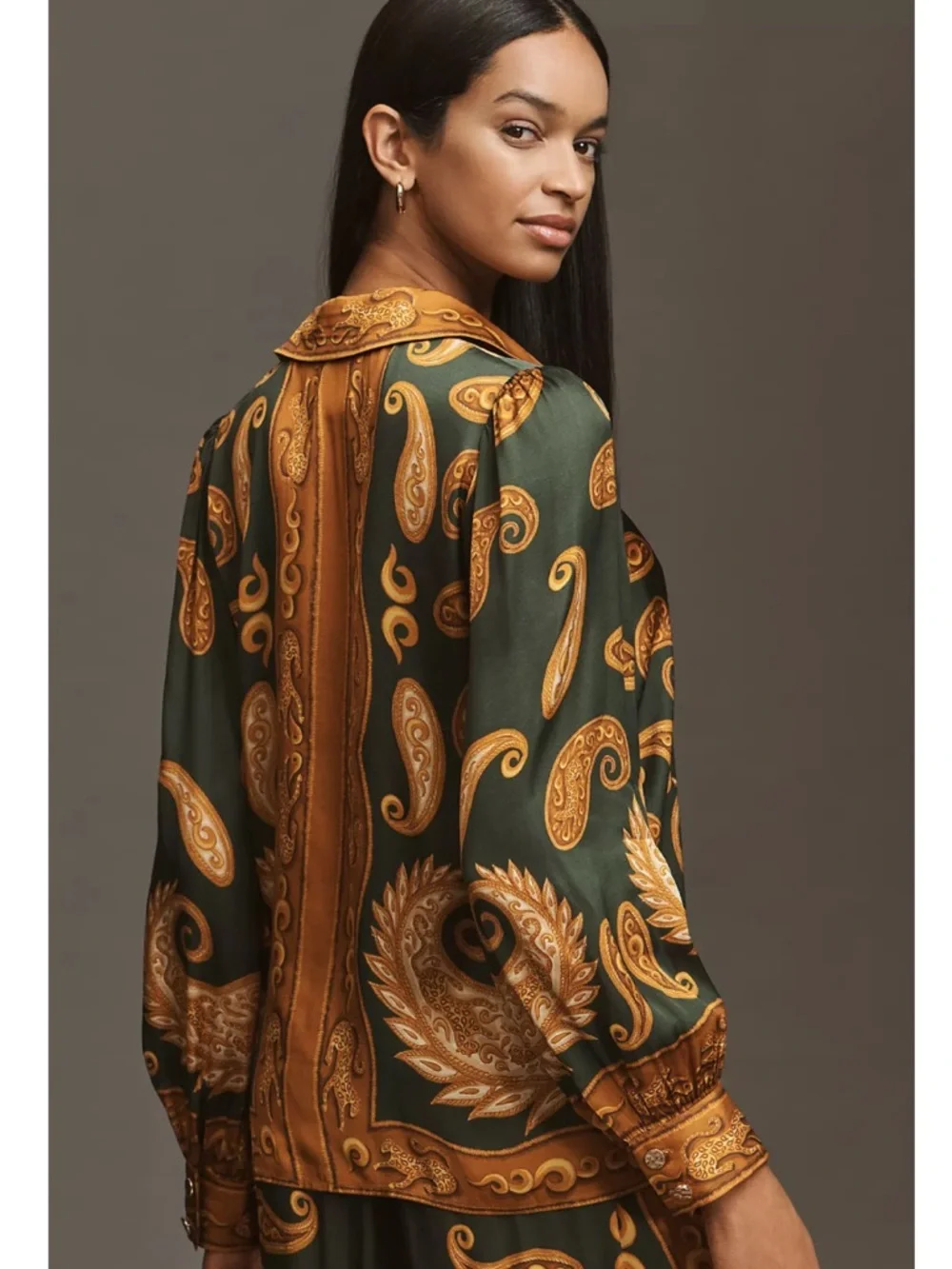 FARM Rio x Anthropologie Gold and Green Paisley Silk Blouse Size XXS NWT